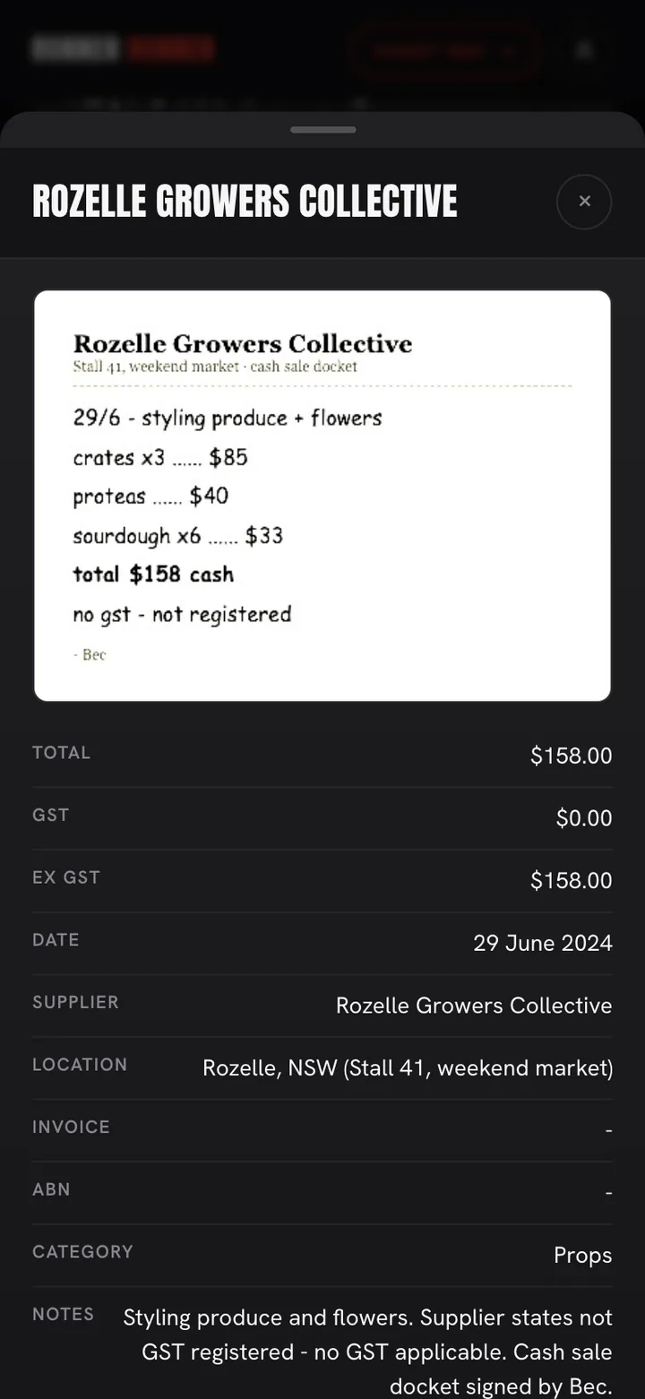 A photographed receipt read into a structured expense: total, GST, supplier and category, raw image kept