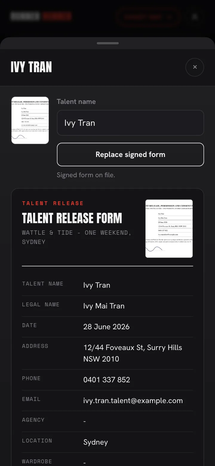 The same release as a clean digital record in Runner Runner, the signed form kept on file