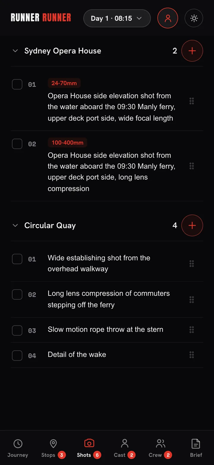 The shot list a crew member opens from the shared link, grouped by stop