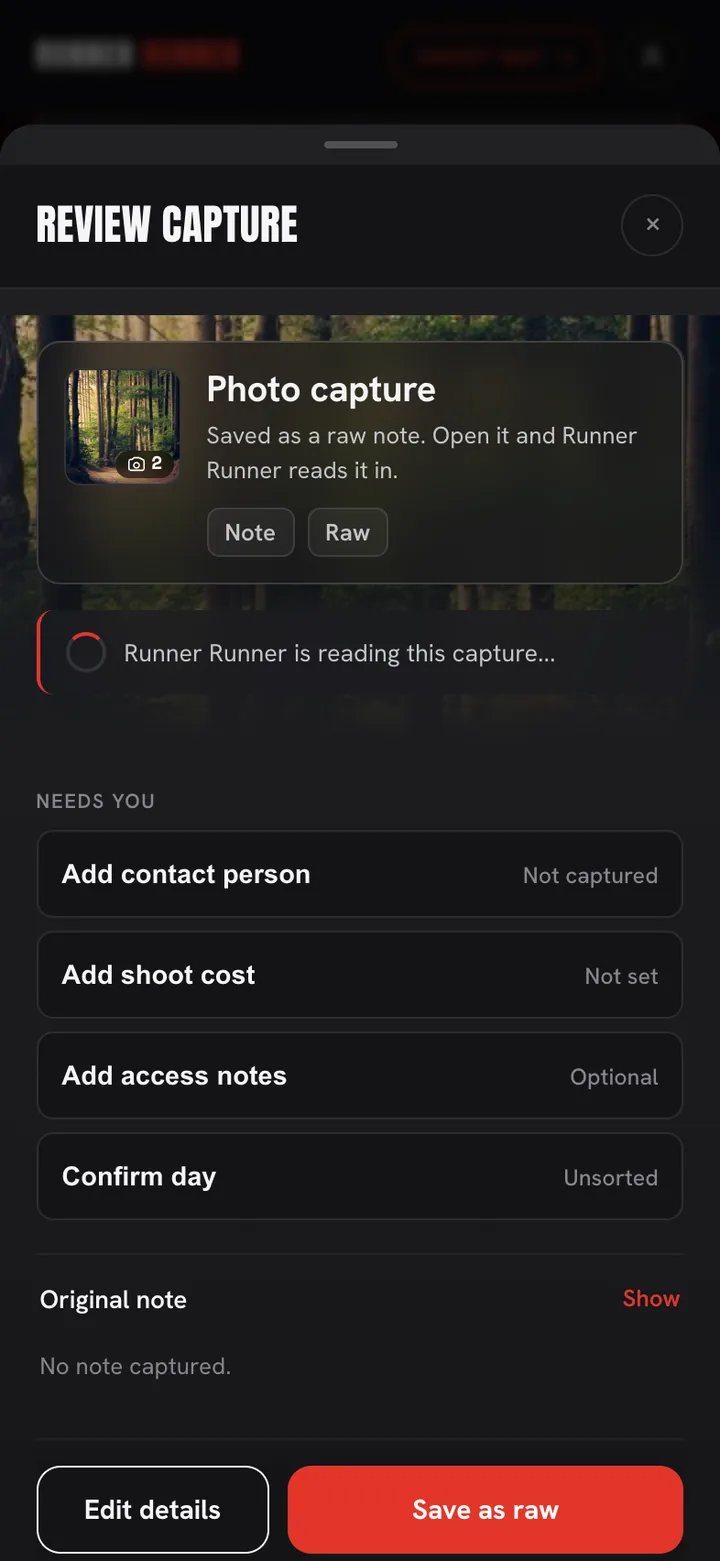A photo capture saved as raw while it reads: contact not captured, cost not set, nothing guessed